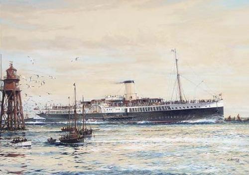 Jack Spurling The paddle steamer Crested Eagle running down the Thames Estuary, her deck crowded with passengers oil painting picture